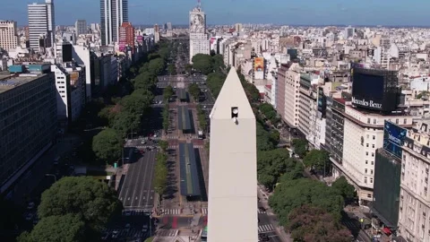 Aerial Drone View Of Avenida 9 De Julio Obelisk, Buenos Aires Downtown Stock Footage 183636487