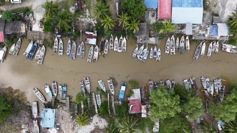 Aerial Drone View of Ayer Baloi Fishing Boats Stock Footage 332590357