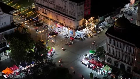 Aerial drone view of Bagansiapiapi night market with red lanterns 스톡 동영상 332089448