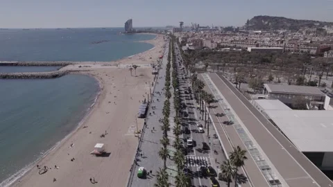 Aerial Drone View of Barceloneta Beach and Barcelona Coastline, Spain Stock Footage 343537796