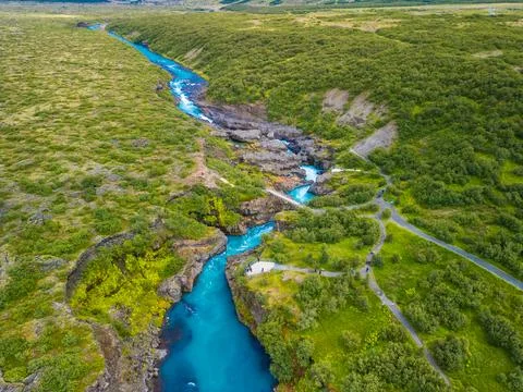 Aerial drone view of Barnafoss and Hraunfossars waterfall in west Iceland Stock Photos