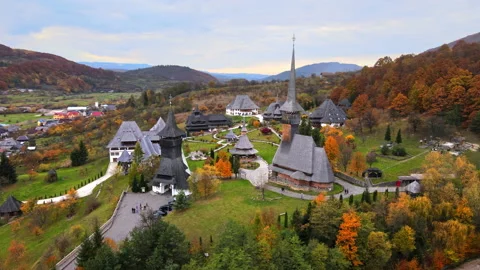 Aerial drone view of the Barsana Monastery, Romania. Main church and other Stock Footage 165041815