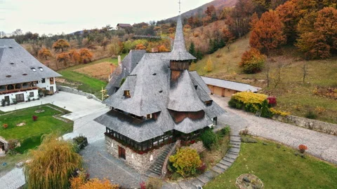 Aerial drone view of the Barsana Monastery, Romania. Building, hills covered Stock Footage 165041856