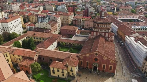 Aerial drone view of Basilica di Santa Maria delle Grazie in Milan, Italy Stock Footage 346762524