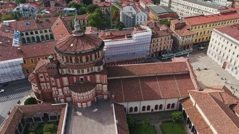 Aerial drone view of Basilica di Santa Maria delle Grazie in Milan, Italy Stock Footage 346762633