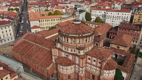 Aerial drone view of Basilica di Santa Maria delle Grazie in Milan, Italy Stock Footage 346762634