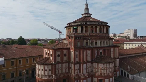 Aerial drone view of Basilica di Santa Maria delle Grazie in Milan, Italy Stock Footage 346762734