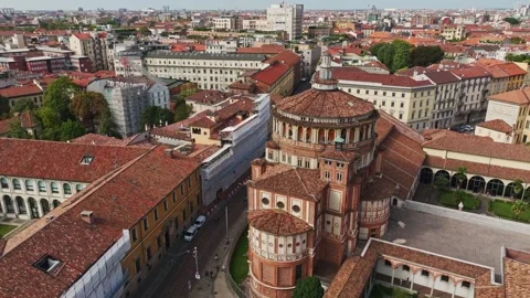 Aerial drone view of Basilica di Santa Maria delle Grazie in Milan, Italy Stock Footage 346762811