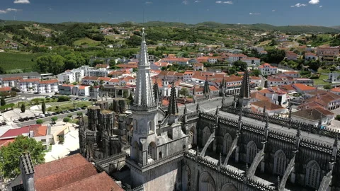 Aerial Drone View Batalha Monastery.  Point of interest spire of abbey Stock Footage 134056752