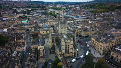 Aerial drone view of Bath Abbey and Roman Baths in Bath England Stock Footage 331452839