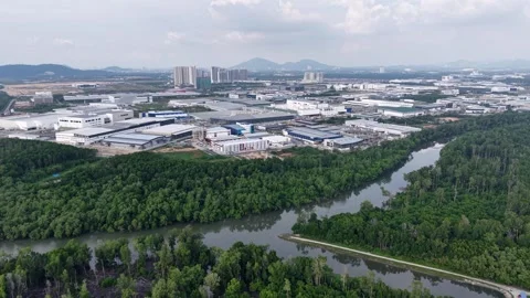 Aerial drone view of Batu Kawan industrial park and mangrove river Video stock 332094062