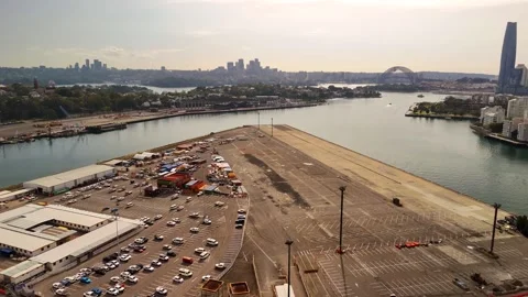 Aerial drone view of Bays West, an inner-city harborside precinct of Sydney, NSW Vídeo Stock 344252386