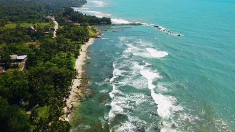 Aerial drone view of Beach and Its Wonderful Sunset View. At anyer beach Stock Footage 149619230