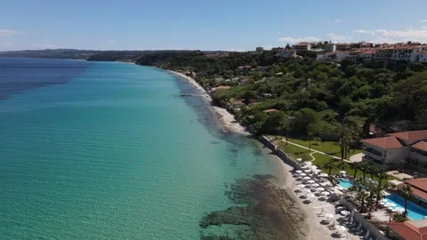 Aerial drone view on beach and sea in Afytos greece holiday and vacation co.. Stock Footage 274506352