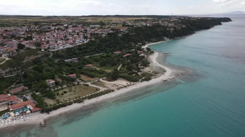 Aerial drone view on beach and sea in Afytos greece holiday and vacation co.. Stock Footage 274507580