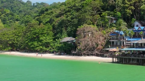 Aerial Drone view of beach bungalows on White Sand Beach on Koh Chang Stock Footage 339029624