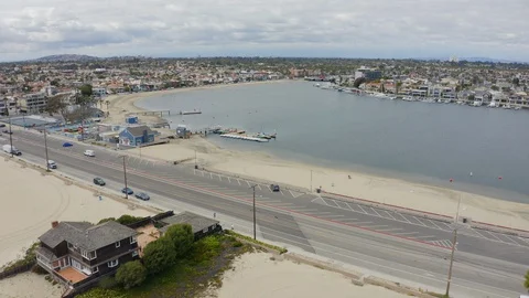 Aerial drone view of beach in Long Beach, CA Video stock 128997012