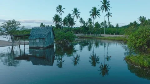 Aerial Drone View of beach town Trancoso in Bahia Brazil with old boat and house Stock Footage 239679530