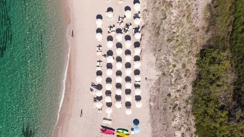 Aerial Drone View of Beach Umbrellas and Sun Loungers on Sardinia Coastline Stock Footage 339377229