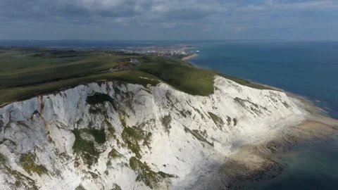 Aerial drone View of Beachy Head white chalk cliffs stretching along the Stock Footage 342296510