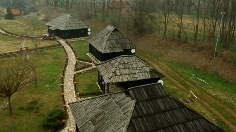 Aerial Drone View Of Beautiful Ethno Village In Fog Stock Footage 93735359