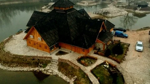 Aerial Drone View Of Beautiful Ethno Village Near Lake In Fog Stock Footage 93735982