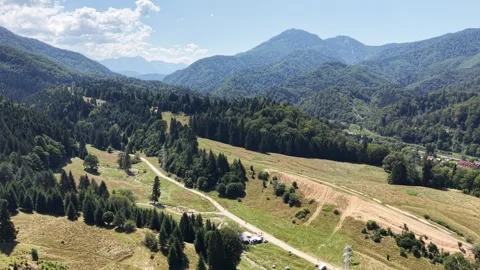 Aerial Drone View of Beautiful Mountain Valley with Pine Forests and Paths Stock Footage 345475337