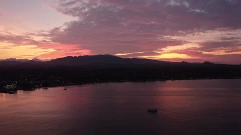 Aerial Drone View of Beautiful Sunset Over Island City - São Tomé e Príncipe Stock Footage