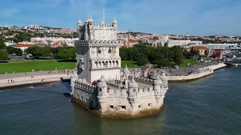 Aerial drone view of Belem Tower in Lisbon during a beautiful sunny day Stock Footage 221581102