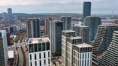 Aerial drone view of the Belgrade Waterfront skyline showcasing luxury Video stock 324446991