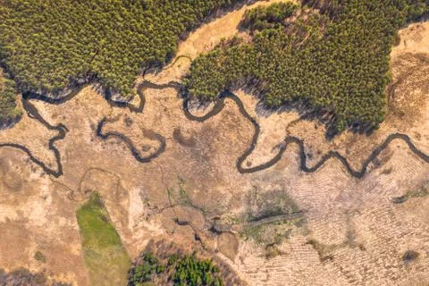 Aerial drone view, the bend of the river with sandy stretches. Stock Photos