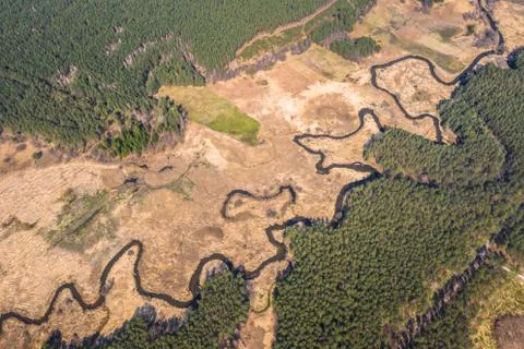 Aerial drone view, the bend of the river with sandy stretches. Stock Photos