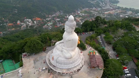 Aerial drone view of the Big Buddha statue in Phuket, Thailand Video stock 336656348