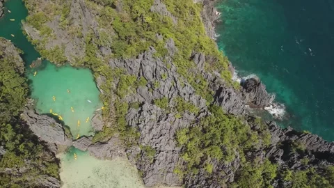 Aerial drone view of Big Lagoon on Miniloc Island in El Nido Video stock 343082702