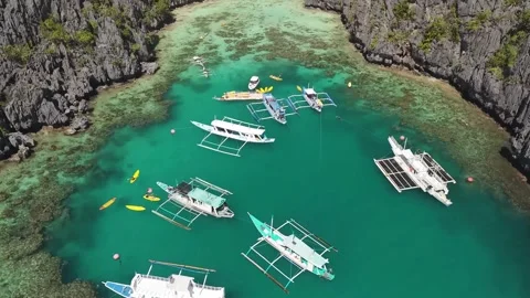 Aerial drone view of Big Lagoon on Miniloc Island in El Nido Video stock 343082929