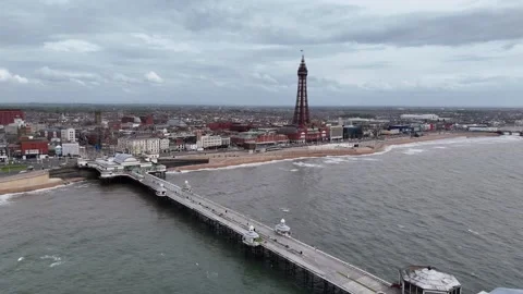 Aerial drone view of blackpool north pier and tower overlooking irish sea i.. Stock Footage 337473837