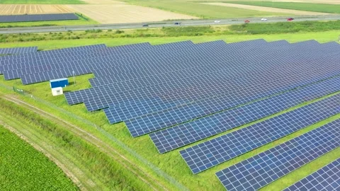 Aerial Drone view of Blue Solar panel farm or solar power plant Stock Footage 194788342