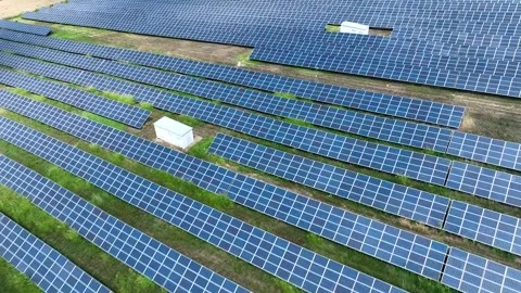 Aerial Drone view of Blue Solar panel farm or solar power plant. Stock Footage 256626148