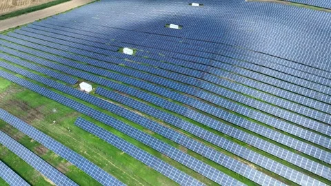 Aerial Drone view of Blue Solar panel farm or solar power plant. Stock Footage 260112633