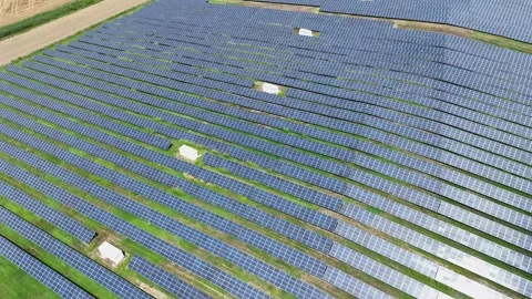 Aerial Drone view of Blue Solar panel farm or solar power plant. Stock Footage 260343944