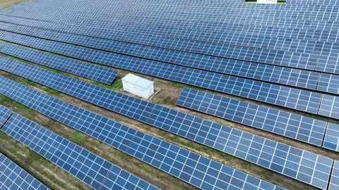 Aerial Drone view of Blue Solar panel farm or solar power plant. Stock Footage 264878189