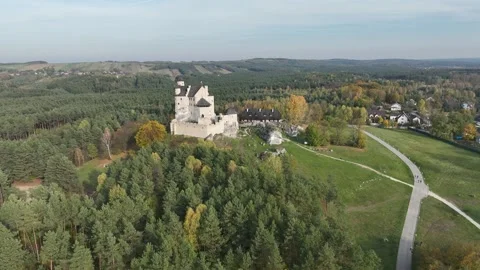 Aerial drone view of Bobolice Castle in autumn.Old medieval fortress, royal.. Video stock 309948650