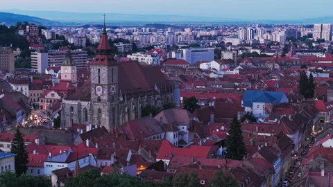 Aerial drone view of Brasov old town and Black Church in Romania Stock Footage 343157111