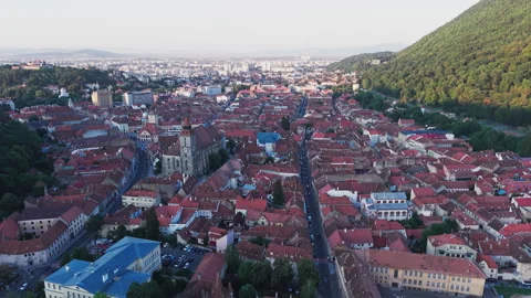Aerial drone view of Brasov old town and Black Church in Romania Stock Footage 343157356
