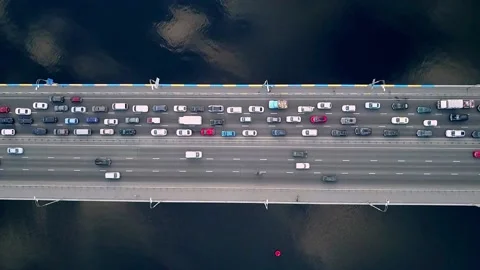 Aerial drone view of bridge road automobile traffic of many cars Stock Footage 147011771