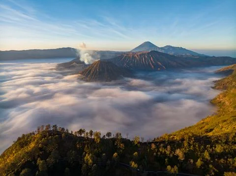 Aerial drone view of Bromo active volcano at sunrise, Indonesia Fotos Stock