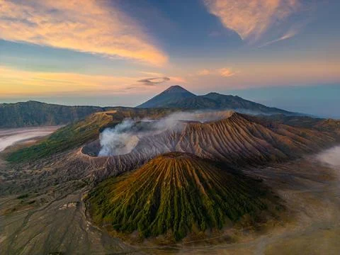 Aerial drone view of Bromo active volcano with Kingkong hill viewpoint, Tengg Stock Photos