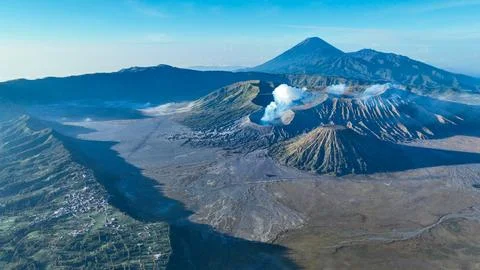 Aerial drone view of Bromo active volcano with Kingkong hill viewpoint, Tengger Stock Photos