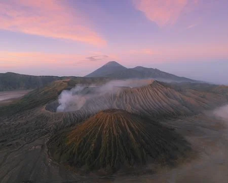 Aerial drone view of Bromo active volcano with Kingkong hill viewpoint, Tengg Stock Photos