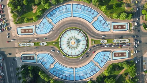 Aerial drone view of Bucharest downtown, Romania. Roundabout intersection with Stock Footage 196960075